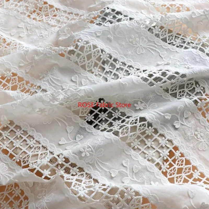 White Cotton Cloth Openwork  3D Embroidery Lace Fabric Handmade DIY Clothes Sewing Accessories Width 125cm