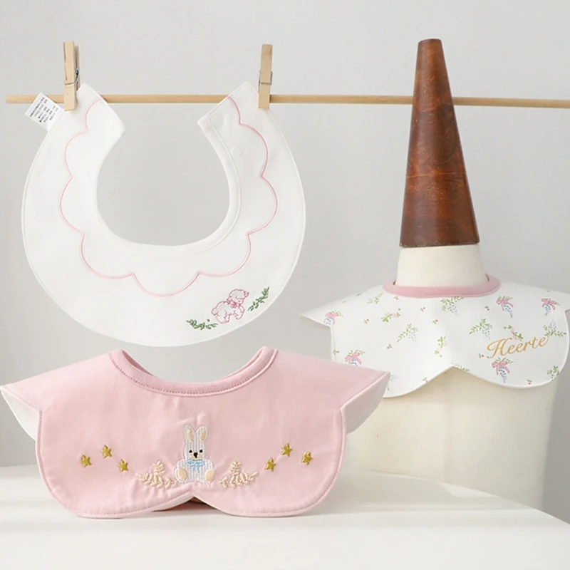 Kids Embroidered Waterproof Feeding Bibs Baby Mealtime Bibs Lovely Pattern Bibs