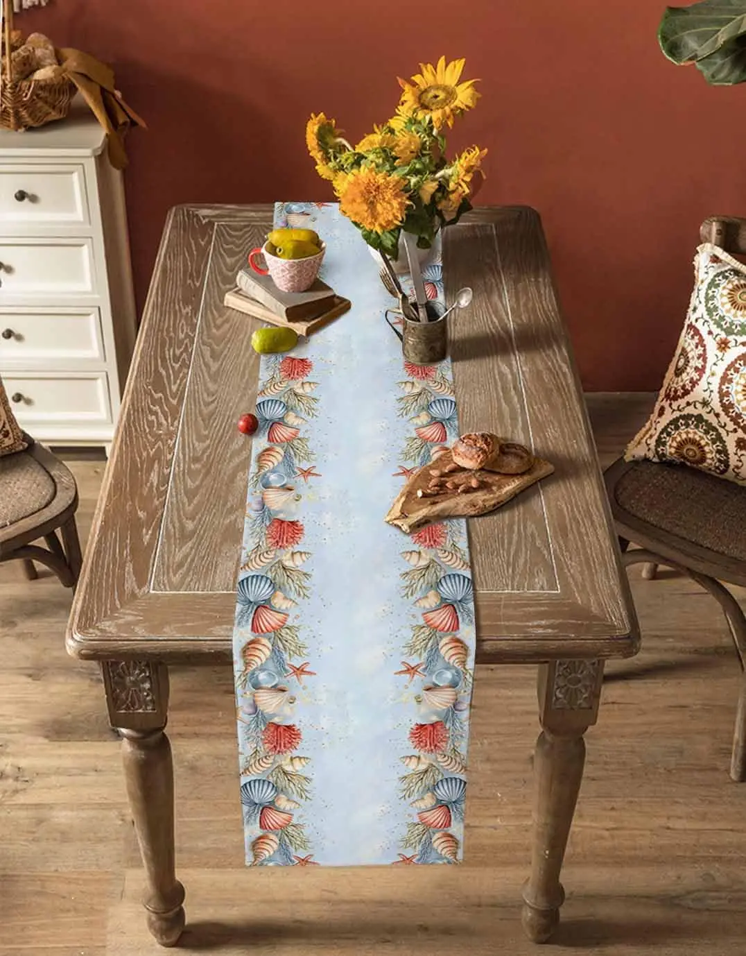 Watercolor Shells Starfish Coral Linen Table Runner Holiday Party Decor Summer Blue Marine Life Table Runners Home Decorations