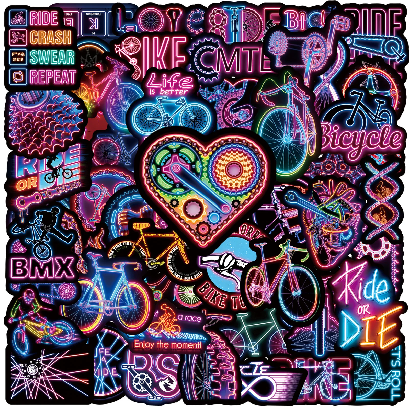 

50PCS Cartoon Bicycle Neon Style Stickers Decoration DIY Mobile Phone Case Notebook Water Cup Waterproof Toy Gift Stickers