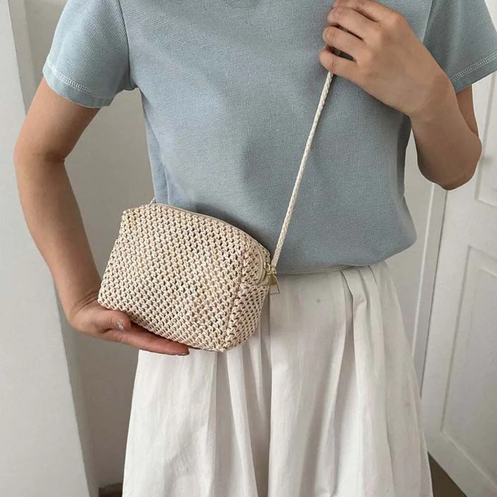 

Simple Beige Casual Straw Purse Hollow Out Breathable Woven Square Bag Polyester Large Capacity Summer Beach Pouch Travel