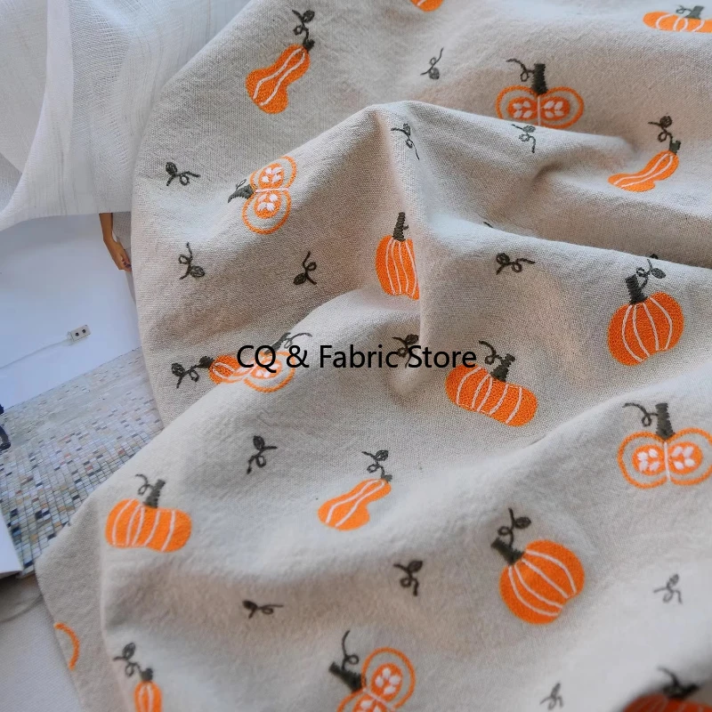 Japanese Ins Heavy Industry Embroidery Fabric Pumpkin Pattern Cotton And Linen Fabric Handmade DIY Bag Pillow Decoration Cloth