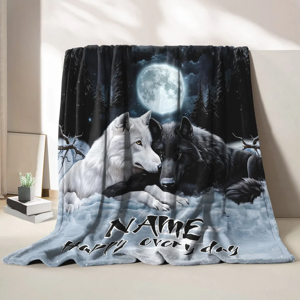 Customized wolf themed personalized blanket suitable for couples and all seasons - Ideal camping, living room sofa blanket