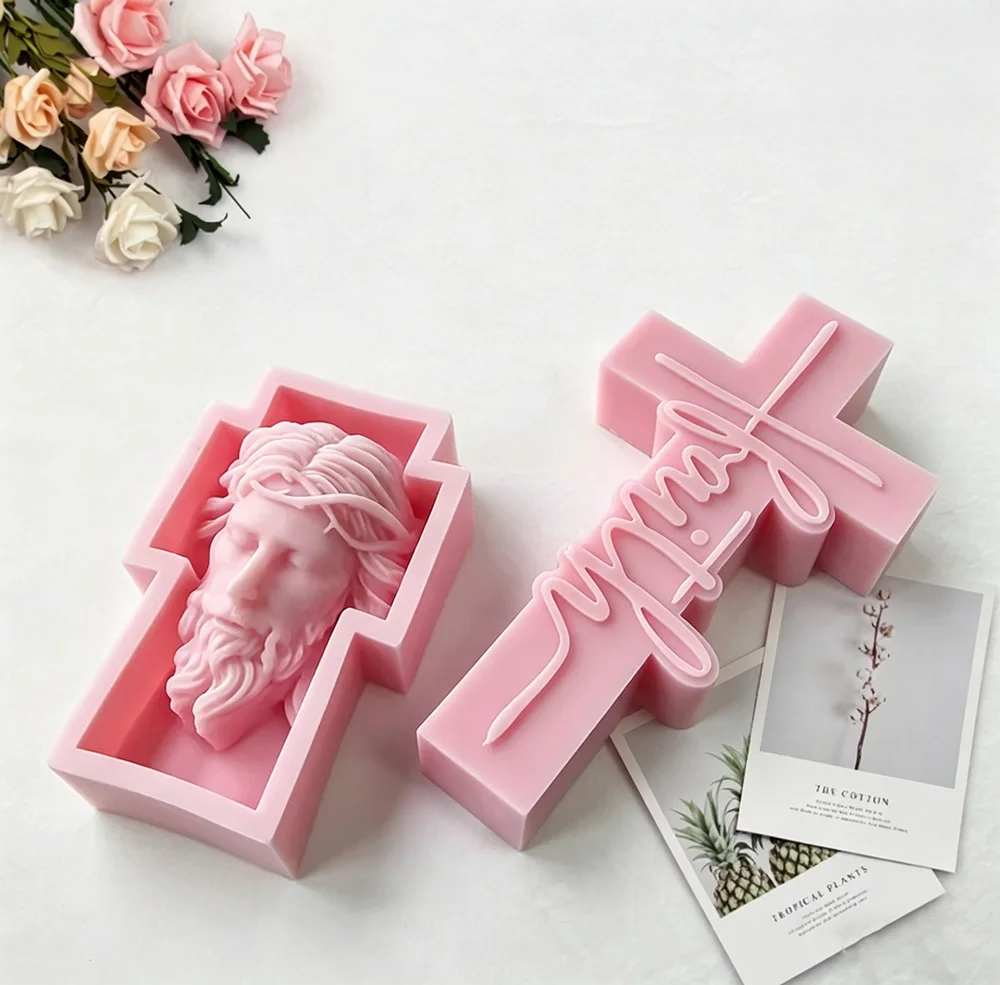Portrait Face Silicone Mold Jesus Sculpture Cross Aroma Candle Resin Plaster Ornament Mold Home Decor Crafts Making Mould