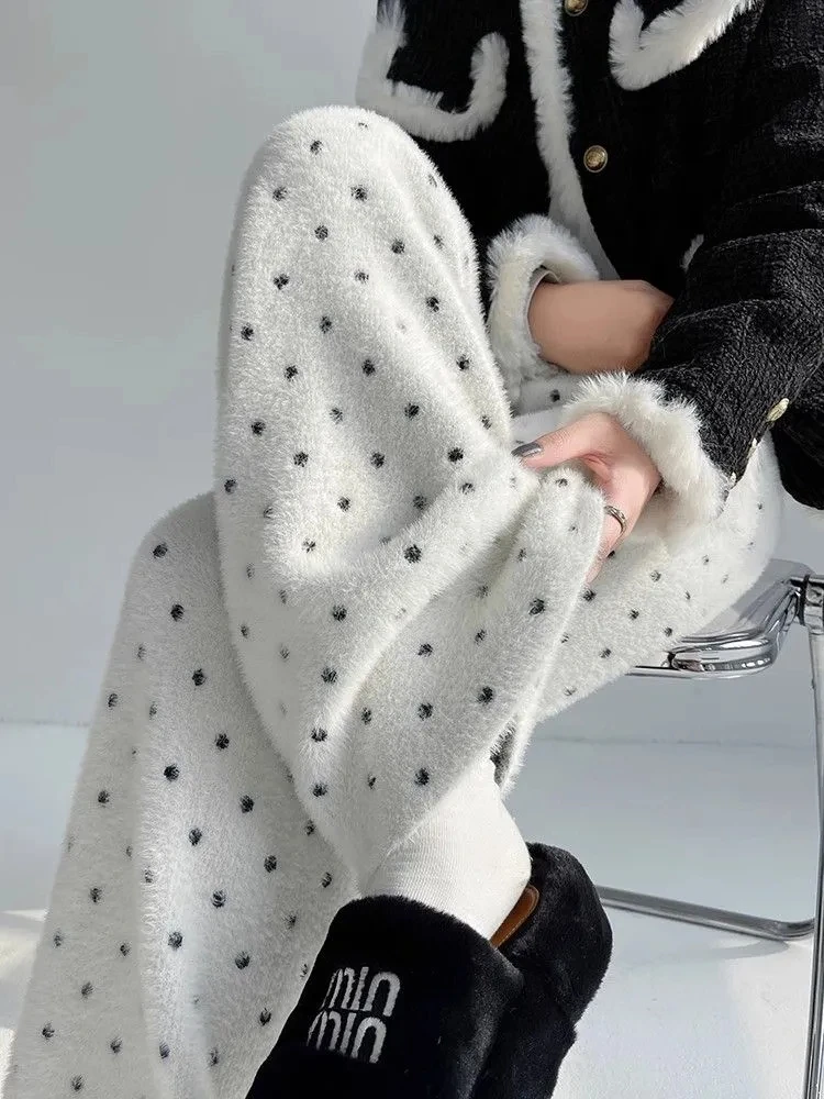 

Новые женские вязаные широкие брюки в горошек. Женские осенне-зимние мягкие восковые утолщенные повседневные брюки с высокой талией.