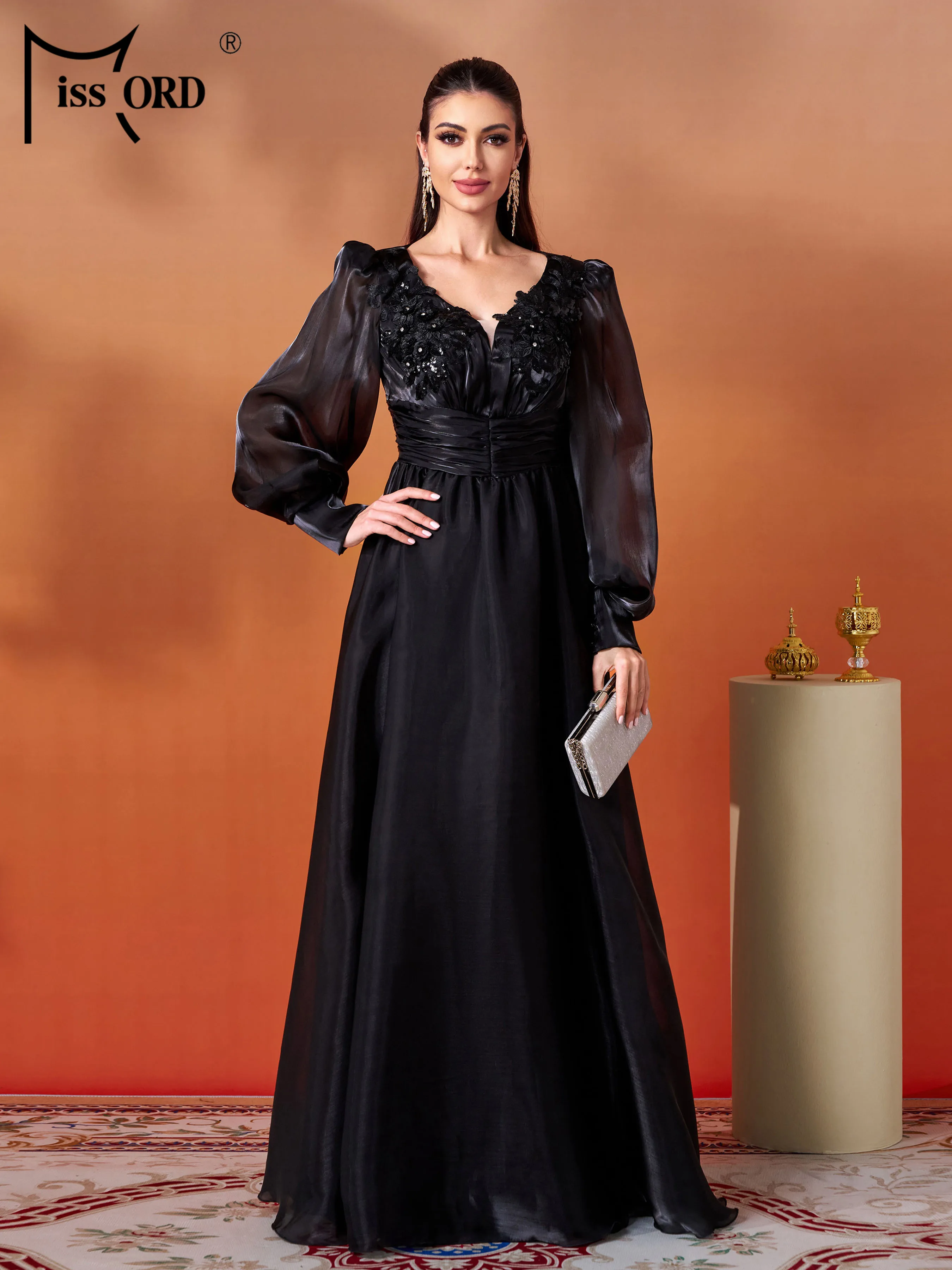 

Missord New V Neck Lantern Sleeve A Line Evening Gown Wedding Birthday Party High Quality Luxury Formal Occasion Black Dresses