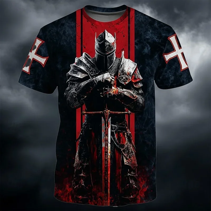 Herren-T-Shirt mit 3D-Druck „Templar Knight“, schnell trocknendes Sommer-Street-Casual-T-Shirt, geeignet für den täglichen Sport. – Detail 5