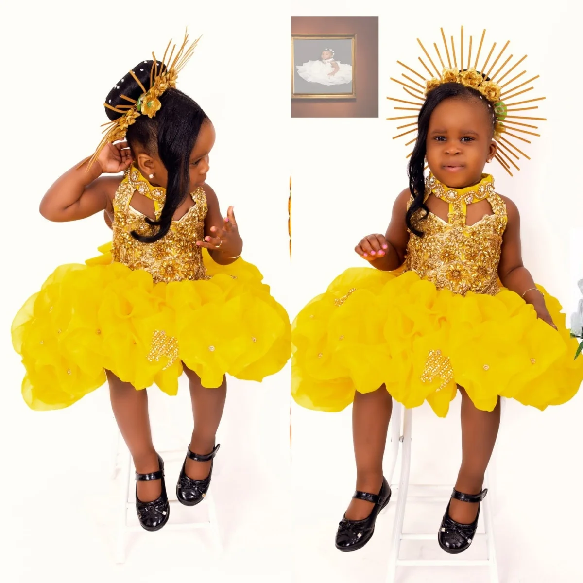 Golden Beading Girls Birthday Party Dress Customized Flower Girl Dresses High Neck Little Queens Ball Gown for Photoshoot