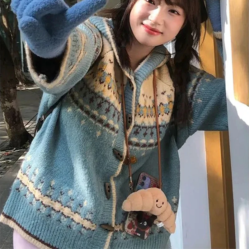 

Korean Fashion Hooded Knitted Cardigan Women Autumn New Sweet Print Long Sleeve Vintage Sweater Loose Casual Soft Jacquard Tops