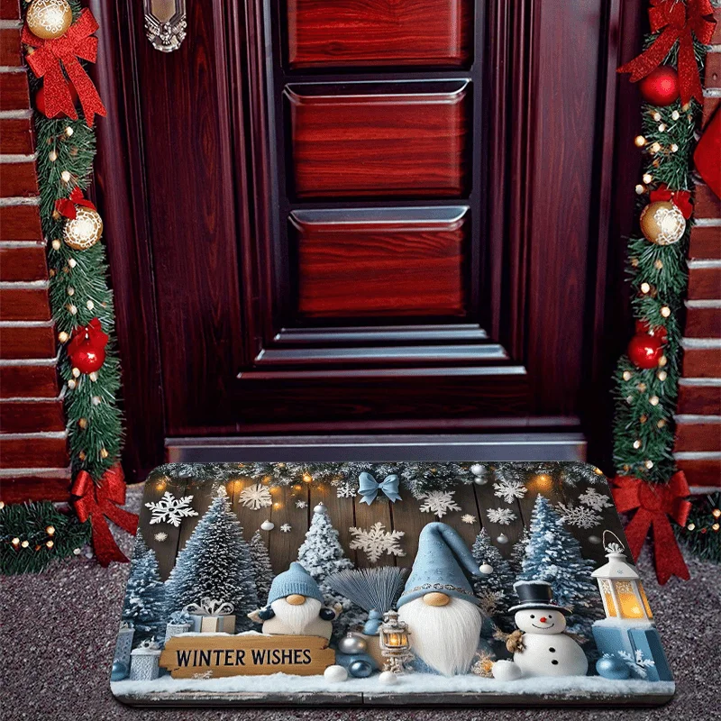 Blue Winter Gnome Christmas Flannel Door Mat Snowman Pine Tree Snowflake Print Non‑Slip Floor Rug for Indoor Entry Holiday Decor