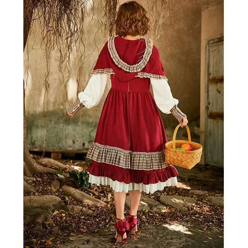 Lace Patch Lolita Little Red Riding Hood Long Dress Cosplay Costume Suit With Cape For Girls Woman Party Costumes