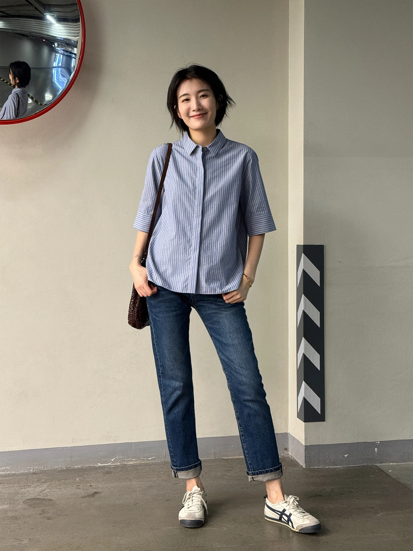 

Pure Cotton Полосатый ort Sve irt Женский отложной воротник ранней весны Обычные плечи Женские дышащие