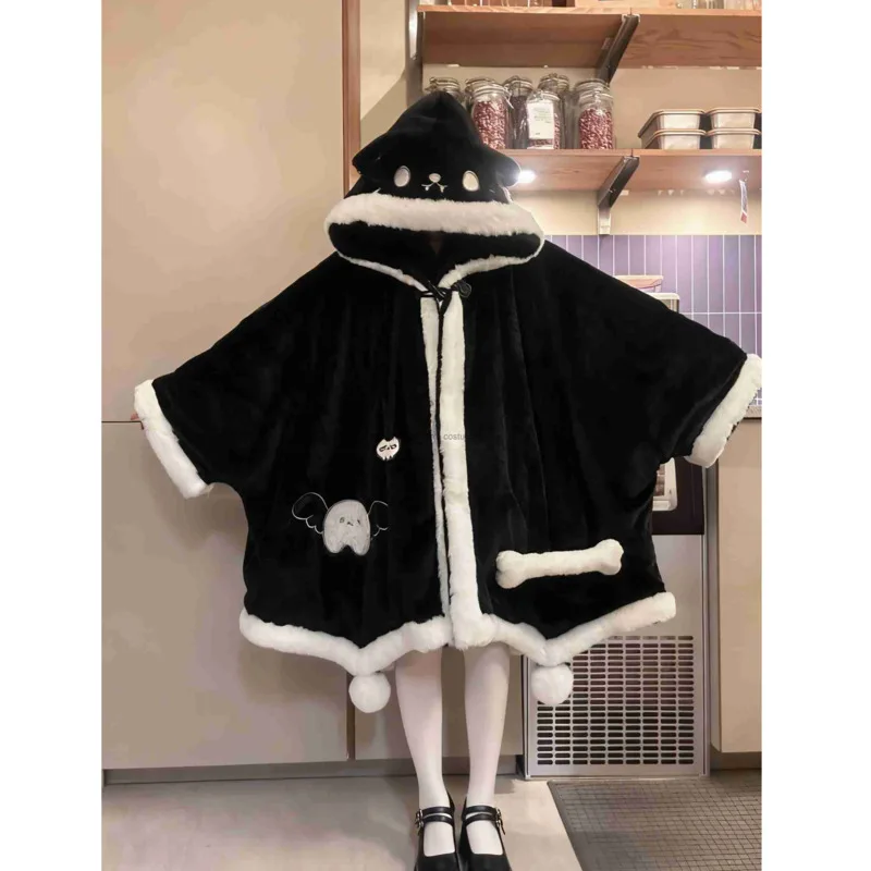 

Black Ghost Kitten Cardigan Nightdress Cape Nightgown for Women Coral Fleece Autumn Winter Pajamas Cartoon Homewear Blanket