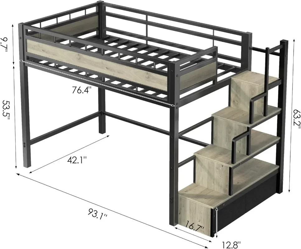 Loft Bed Twin Size with Stairs, 53.5” Under-Space for Sofa and Desk, More Stable and Safe Industrial Metal Frame for Teens
