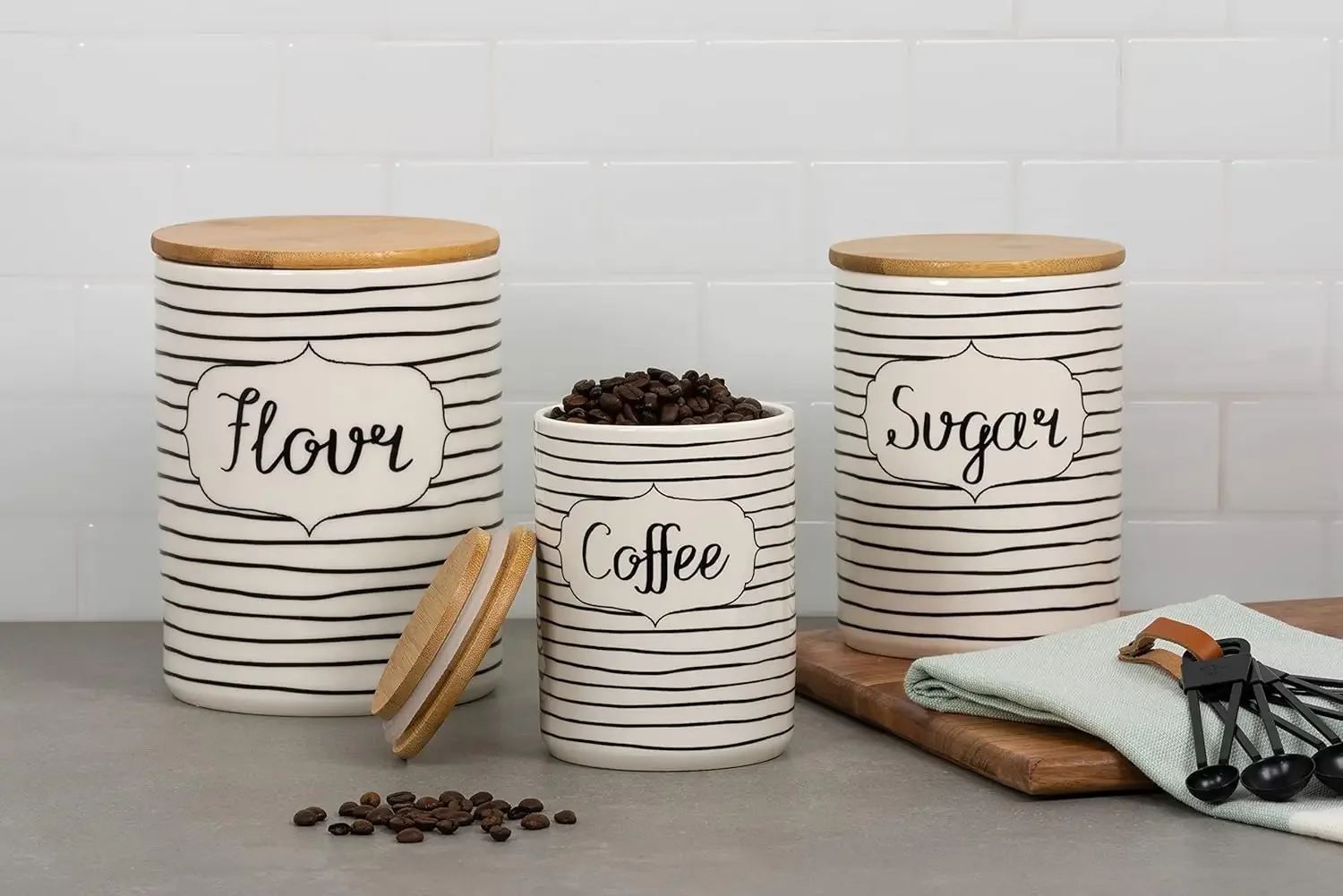

Coffee, Sugar, Flour Kitchen Canister, 3 Piece Set, Everyday Black/White