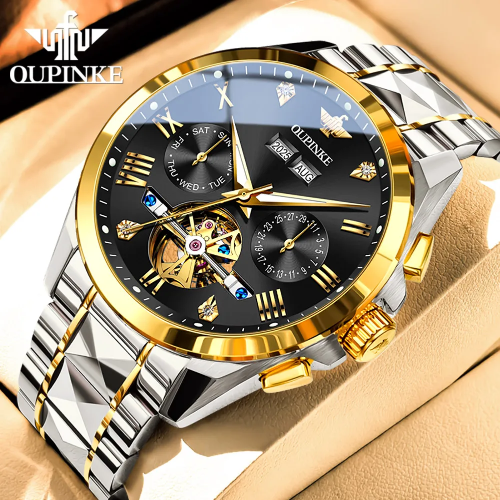 

OUPINKE 3240 Mens Watch Luxury Flywheel Fully Automatic Mechanical Watch﻿ 50M Waterproof Week Date Watches For Man Gifts Box