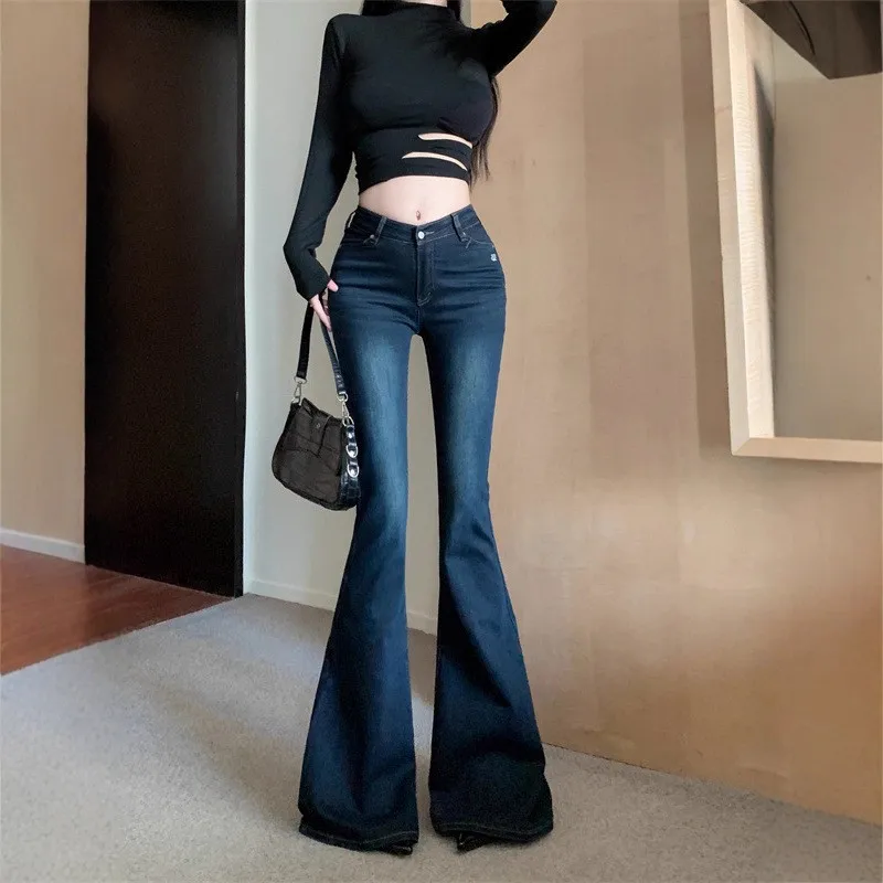 

Retro Bell Bottom Jeans Women's Slim Fit High Waist Long Trousers Spring Autumn Casual Style Cotton Zipper Closure