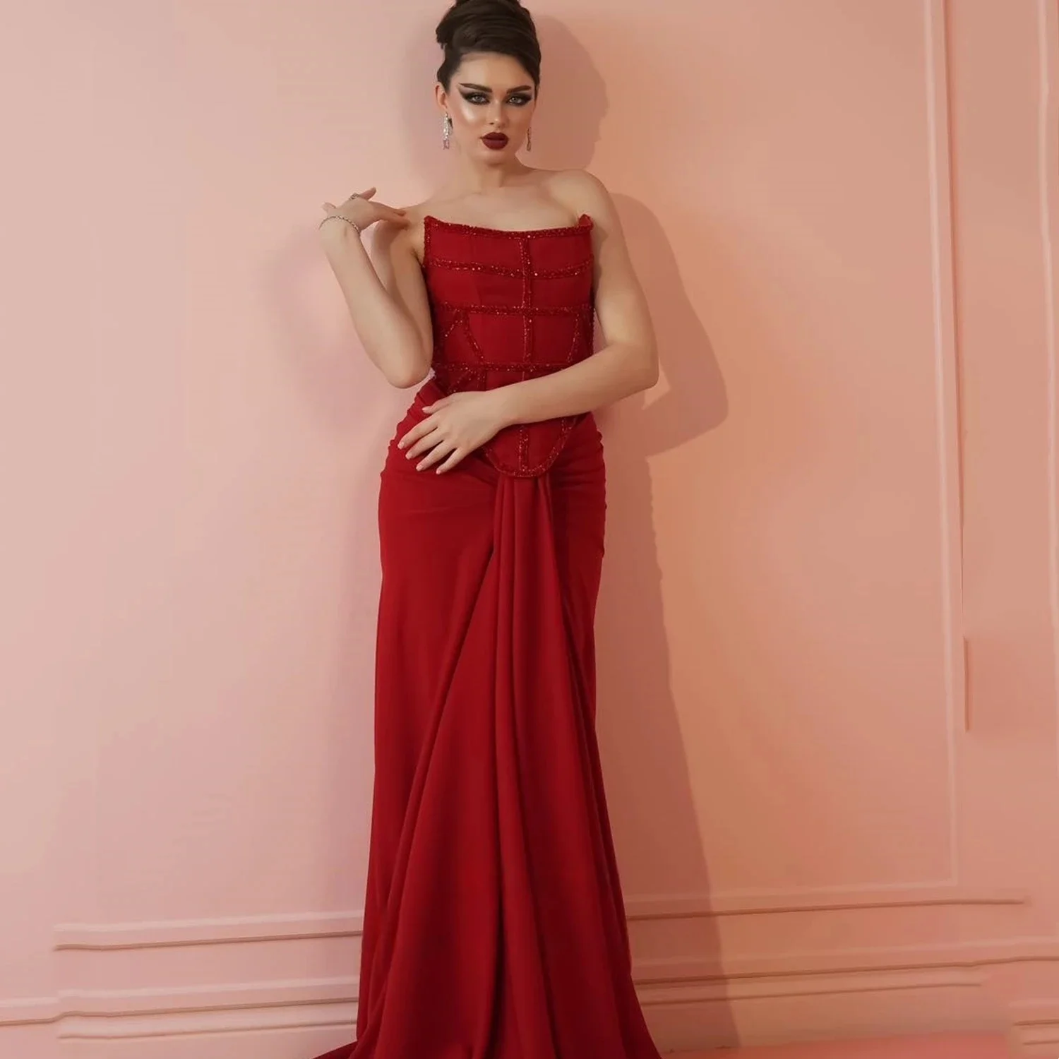 

Burgundy Sheer Long Bespoke Occasion Gown Evening Dresses Prom Pastrol Unisex Jersey Retro Dubai Saudi Arabic Customized