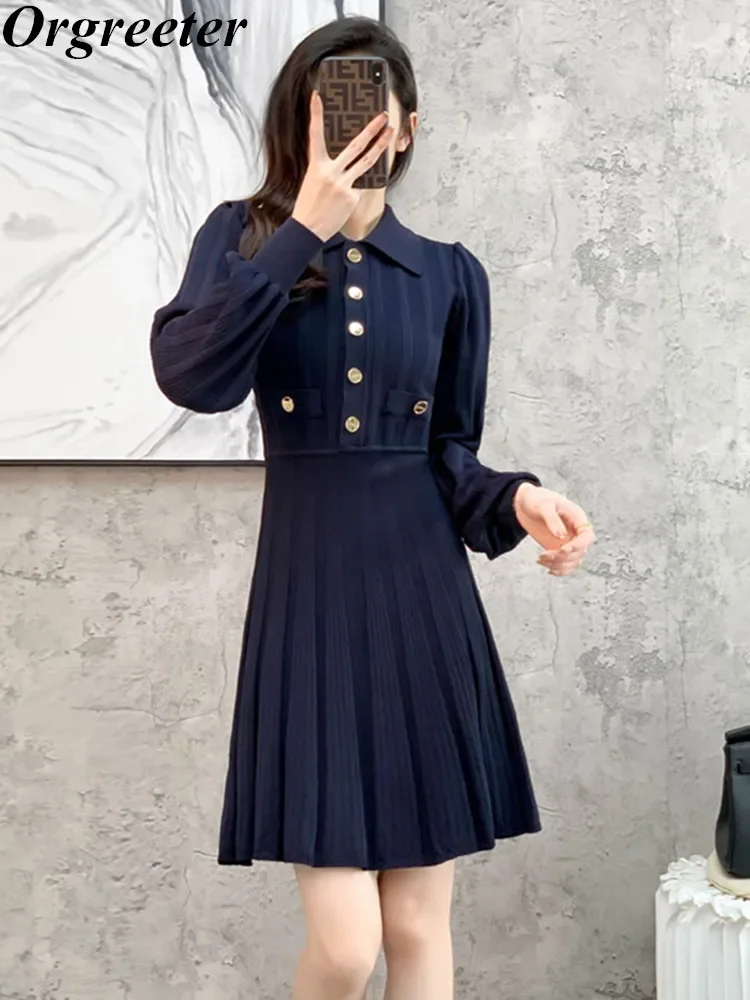 French Simple Fashion Solid Knitted Dress for Women Autumn New Lapel Lantern Sleeve Single-breasted Slim Pleated Sweater Dress