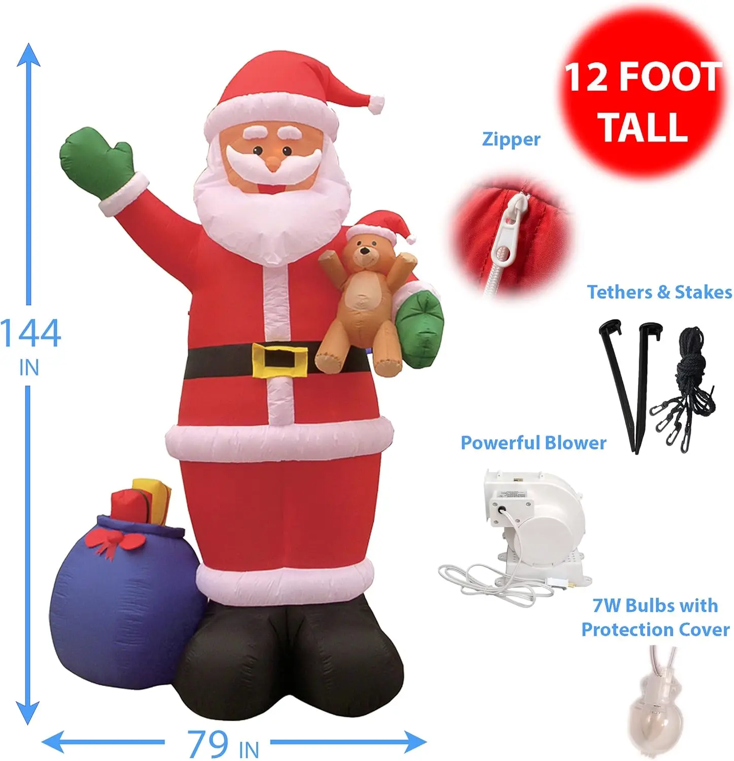 12 Foot Tall Huge Christmas Inflatable Santa Claus with Gift Bag and Bear Lights Outdoor Indoor Holiday Decorations