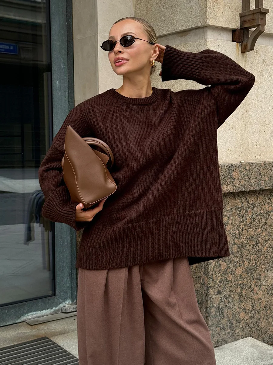 

Women's Solid Color Oversized Crew Neck Sweater Fashion Long Sleeve Loose-Fit Knit Top Casual Stylish Outfit For Daily Dating