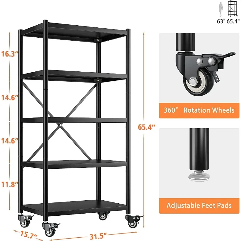 Garage Shelving Heavy Duty Storage Shelves for Storage with Wheels 5 Tier Metal Shelving Unit 1156LBS Adjustable Metal Shelves