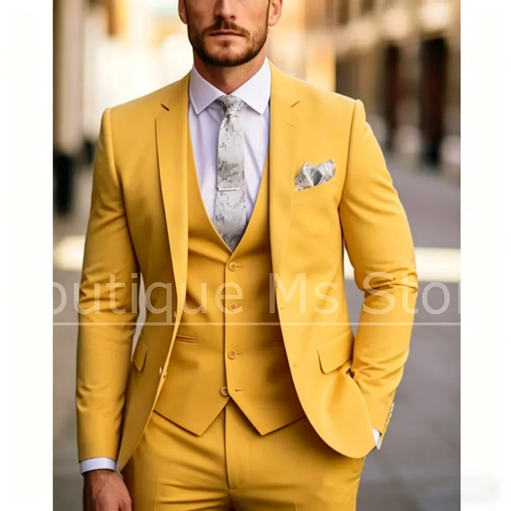 

Men Solid Three Piece Suit Slim Fit Notch Lapel Single Breasted Tuxedo Chic Formal Business Wedding Party Jacket Vest Pants