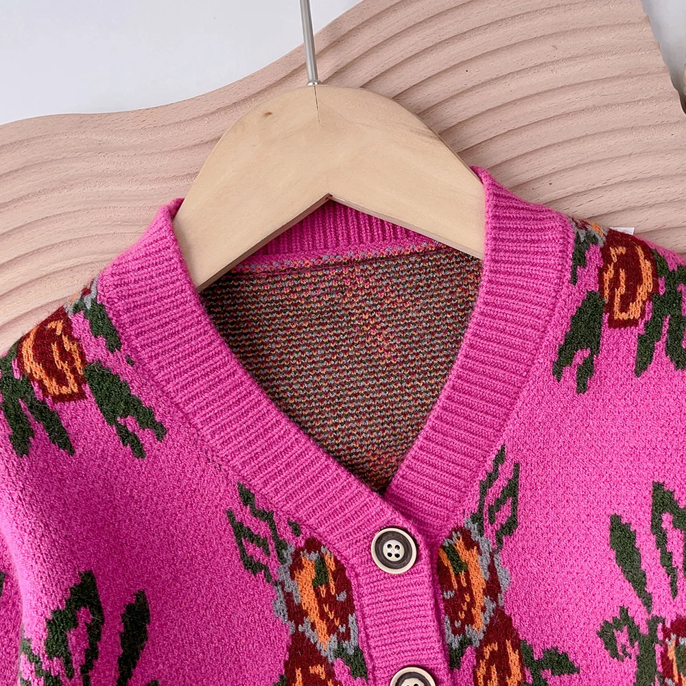 New Knitted Children Set Girls Baby Ethnic Style Printed Sweater Cardigan Shorts Girls Autumn Winter Two Piece Set