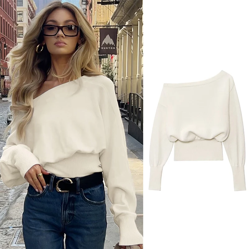 Women's Sweater 2026 New Autumn Winter Beige Off-Shoulder Loose-fitting Slim Sweater for Women Personality Chic Women Knit Top