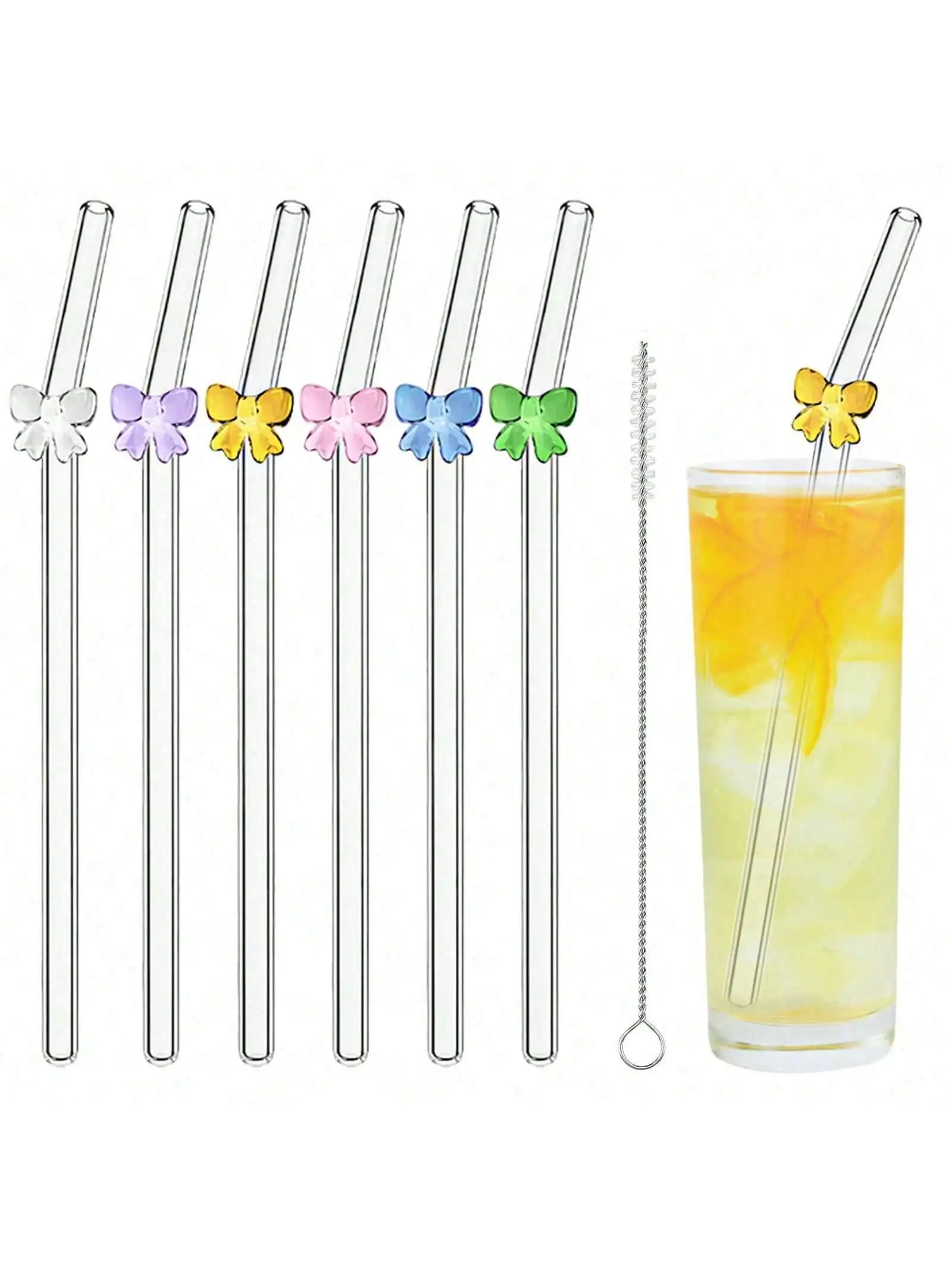 7PCS Reusable bow Glass Straws, Cute Bow Glass Straw with  Cleaning Brush for Coffee Lover, Smoothies, Frozen Drinks, Tea, Juice