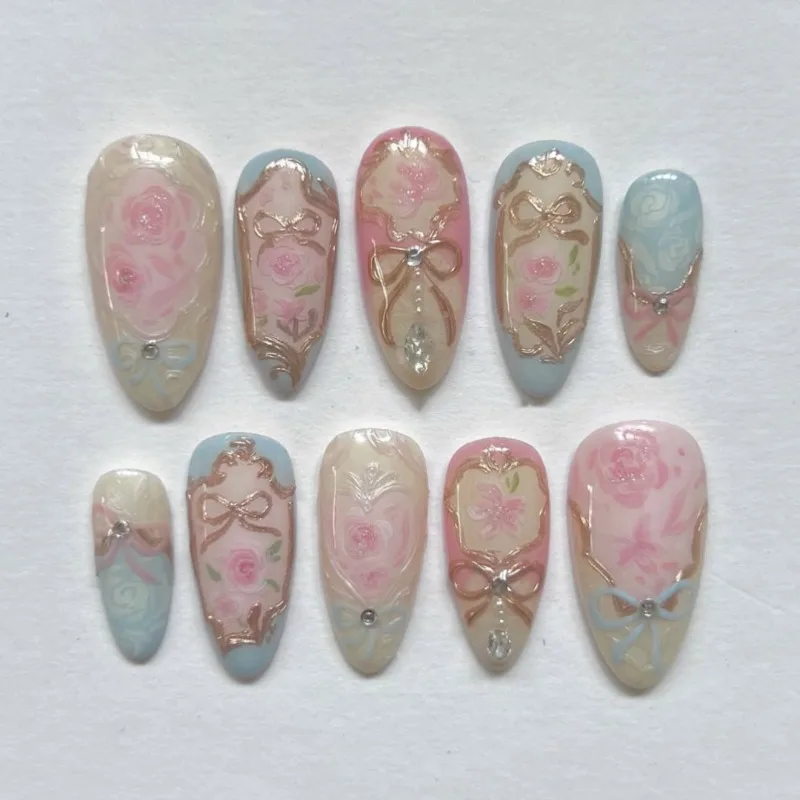

24 Pcs Medium Length Nails Acrylic Press on For Girls Almonds Fake Nails with Design Flowers Spring Summer false Nails Wholesale