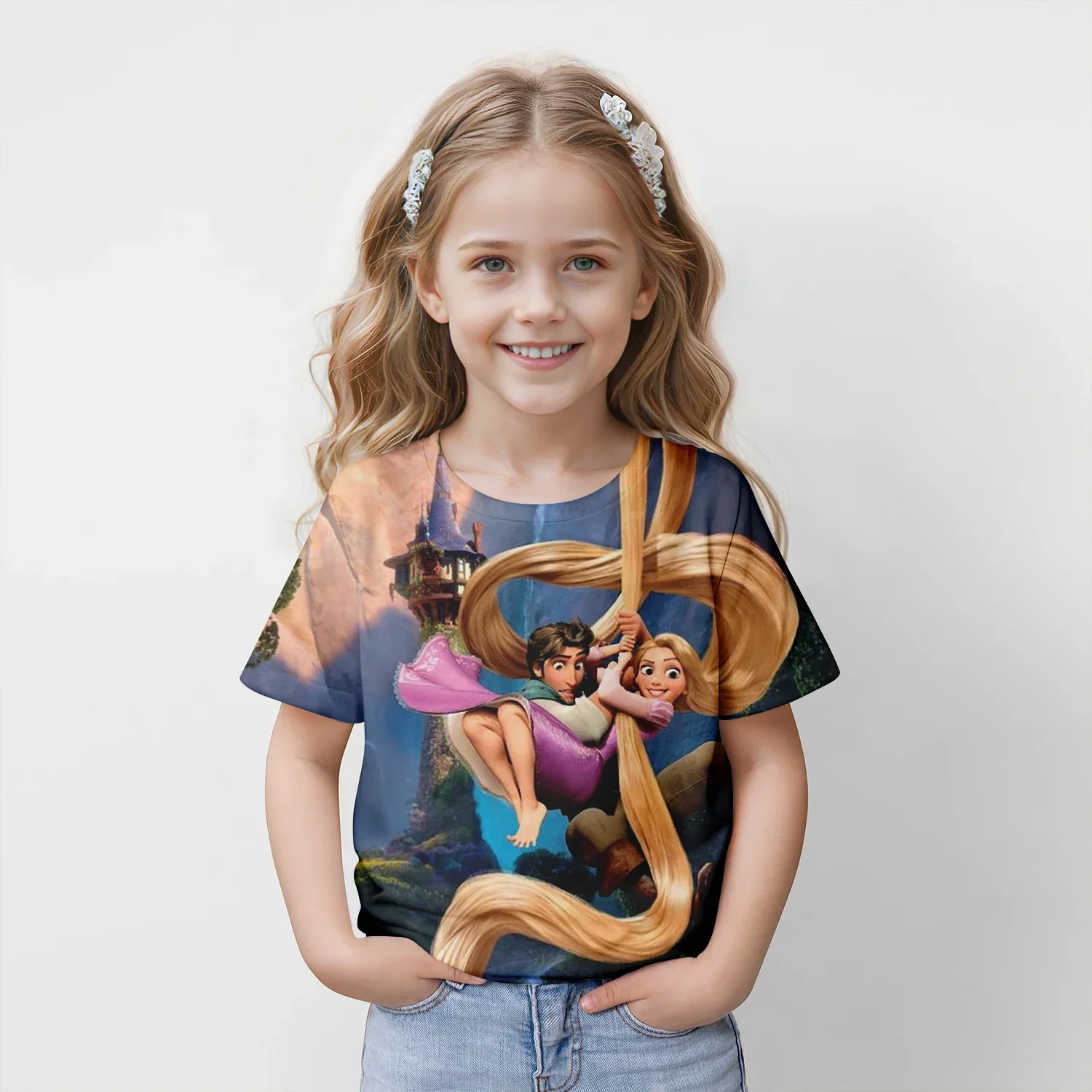 

3D Printed Disney Rapunzel Cartoon Quick-drying Breathable Sports Teenagers and Children 100-160 Summer Round-neck T-shirt