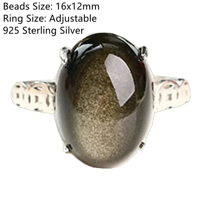 

Natural Gold Obsidian Ring Jewelry For Women Men Wealth Gift Crystal Stone 16x12mm Beads Sterling Adjustable Ring