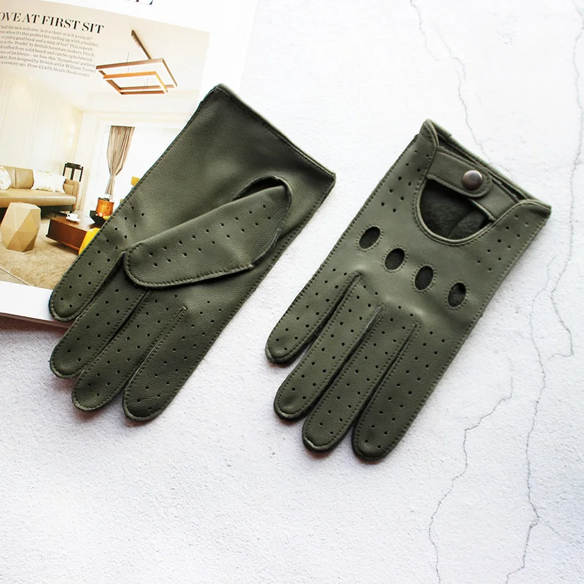 Summer Driving Men's Leather Gloves Single-Layer Unlined Thin Fashion Hollow Motorcycle Riding Gloves Military Green