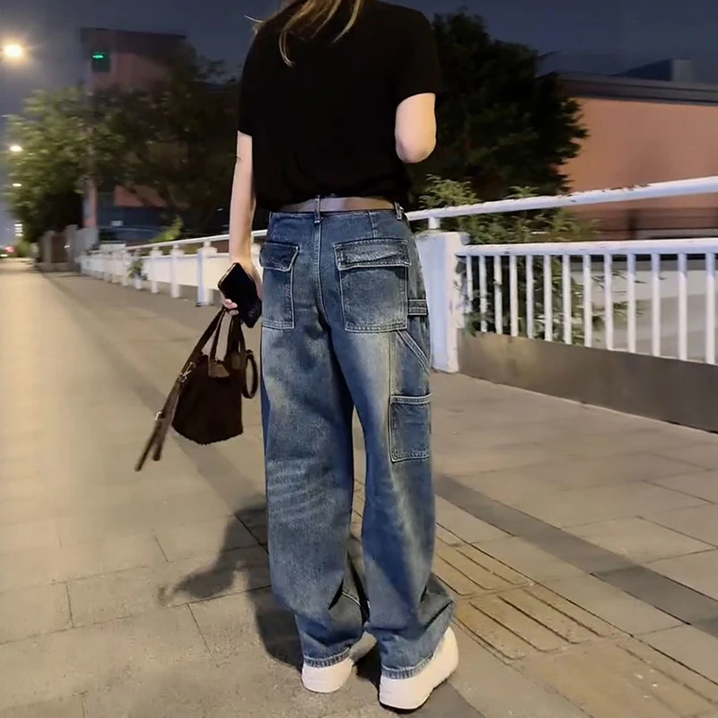 American style high street denim cargo pants women's spring new design sense loose fashion curved knife wide leg pants