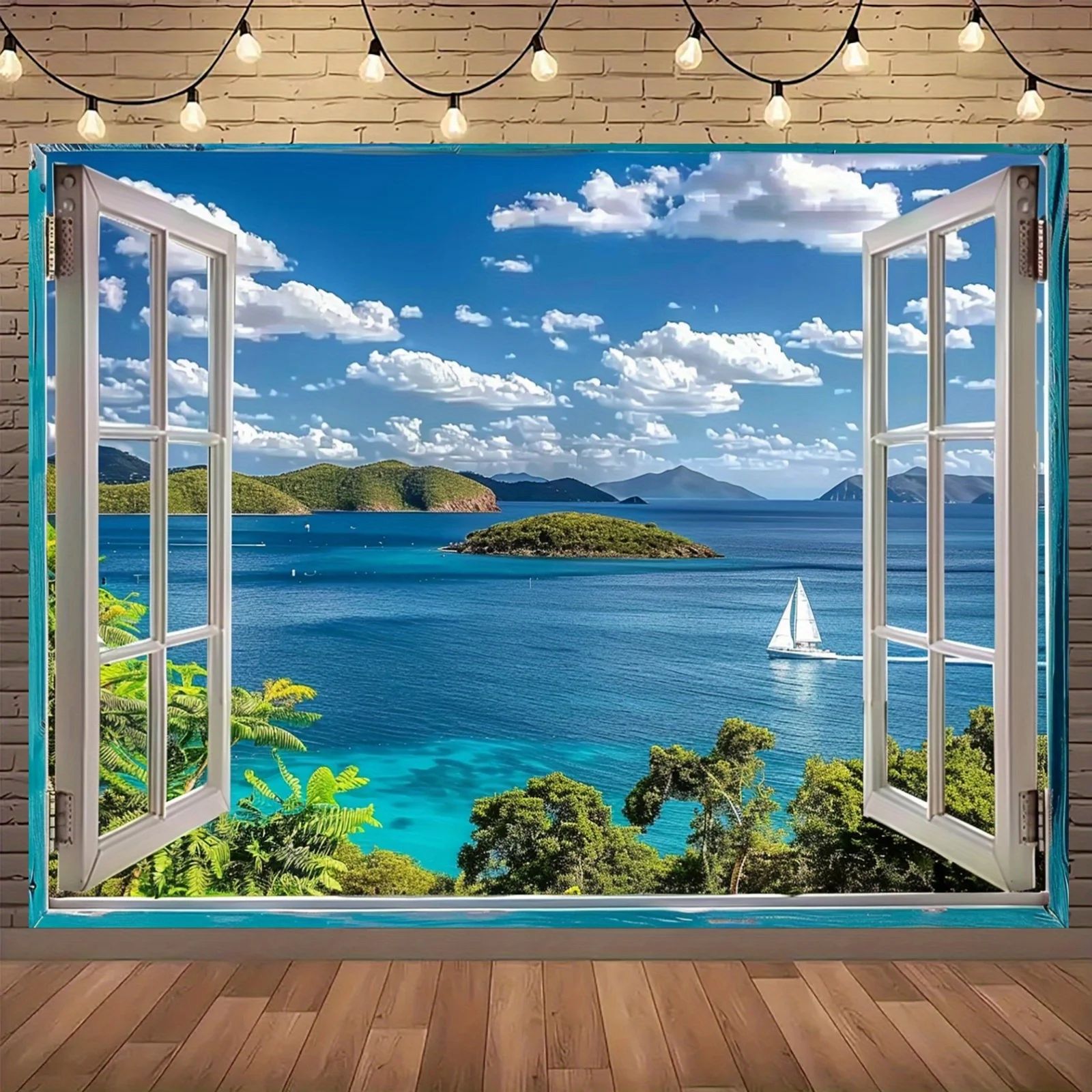 1pc Tropical Island Sea View Wall-mounted - Vivid palm trees and ocean landscapes, polyester, coastal home decor