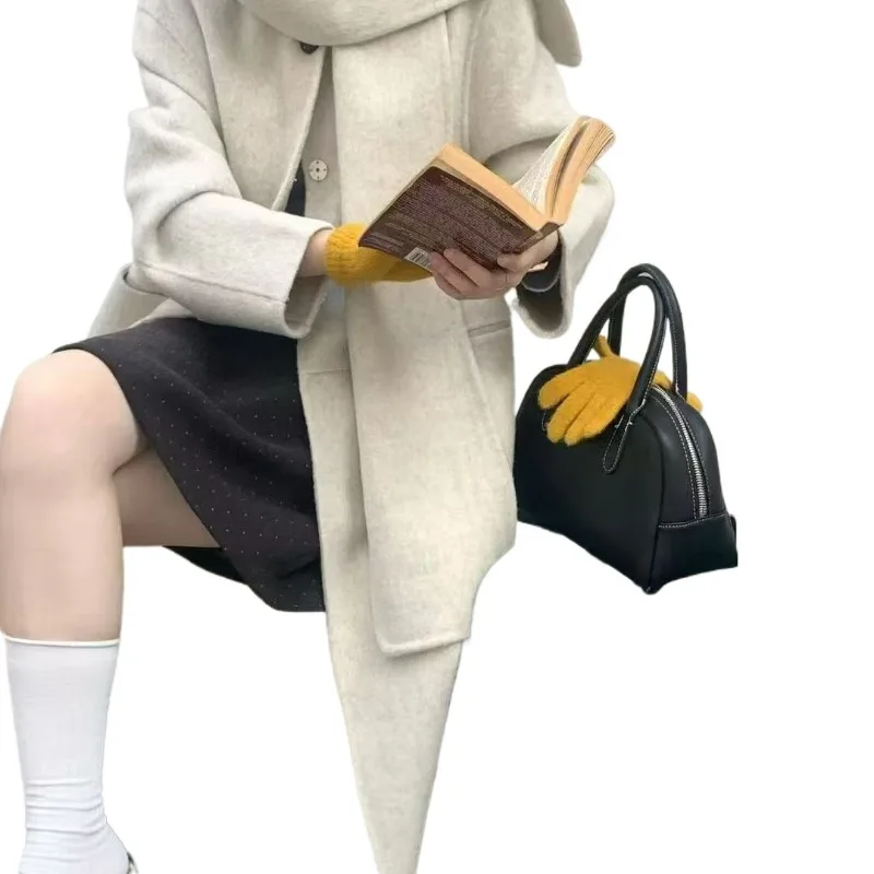 الخريف والشتاء منتج جديد مزاجه وشاح على الوجهين معطف الصوف المرأة فضفاضة موضة جولة الرقبة معطف طويل الصوف