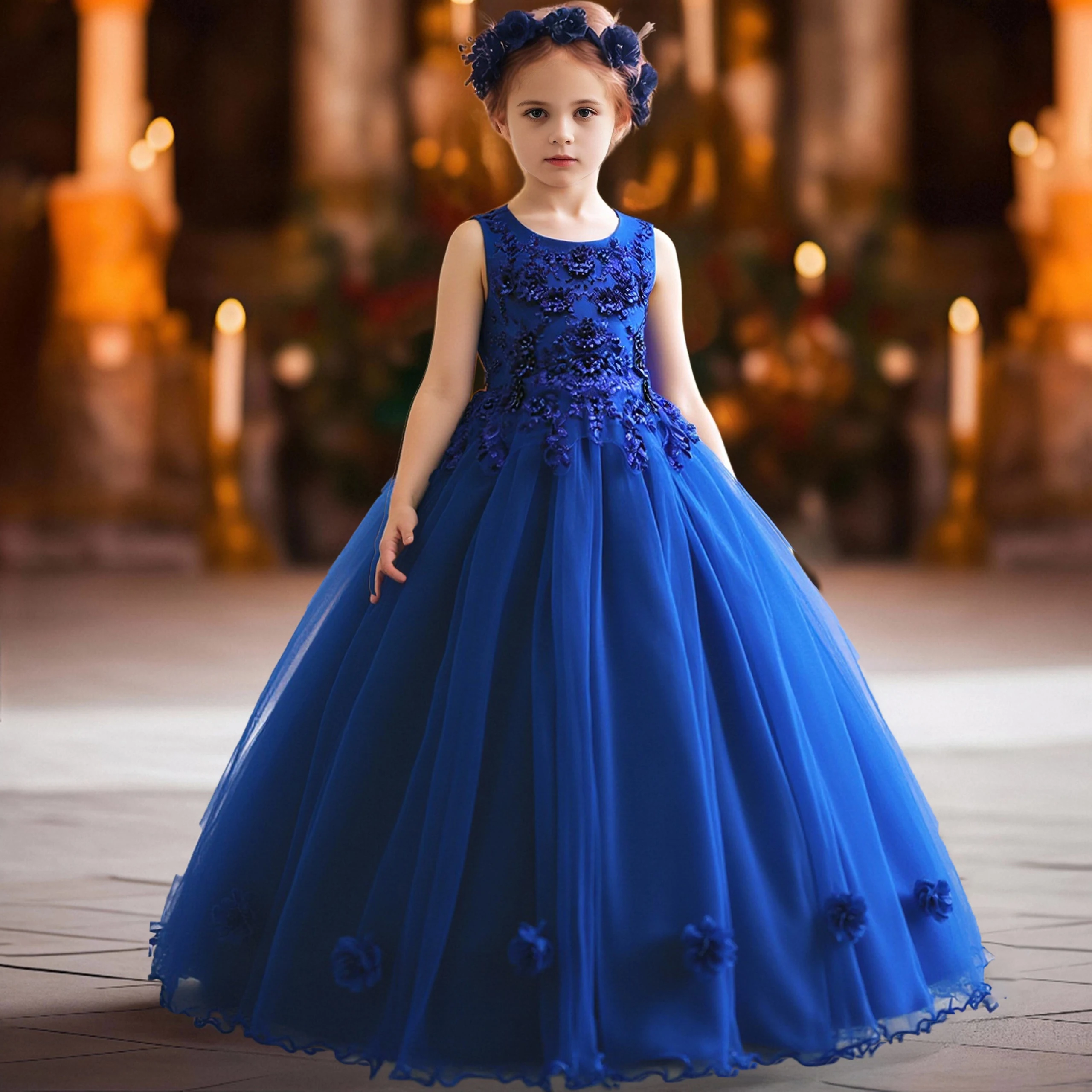 

Elegant Wedding Flower Girls Dresses Vintage Tulle Bridesmaid Princess Party Prom Dress for Girl Bow Birthday Christmas Costume