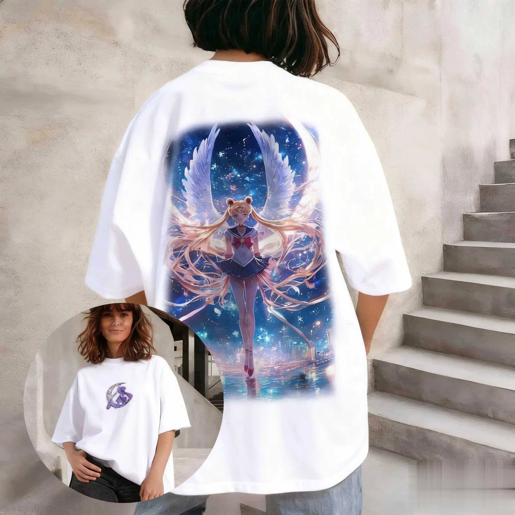 بحار القمر أنيمي تي شيرت مطبوع الرجال النساء المتضخم خمر الصيف عادية القطن قصير الأكمام الشارع الشهير الجرافيك المحملة Y2k الملابس