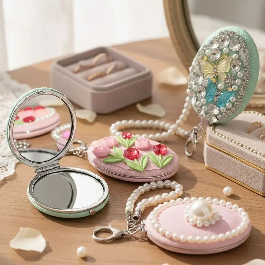 Portable Folding Makeup Mirror with Hand Strap - Cute Handheld Travel Mirror, Mini Cosmetic Gift for Girls