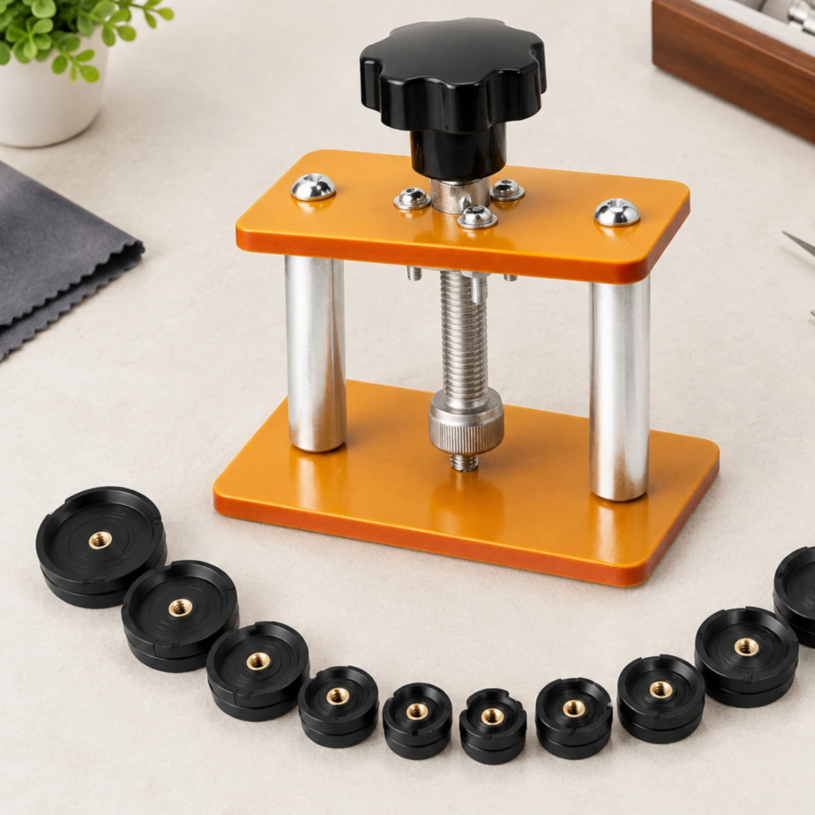 Desktop Watch Case Press Adjustable Hand-Operated Watch Press with Interchangeable Molds Pressure-Controlled Portable