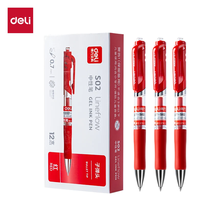 12PCS Box Deli S02 Press Type Gel Pen 0.7mm Roller Ball Gel Ink Pen Set - Black & Red Ink Colors - Top Brand from Chinax