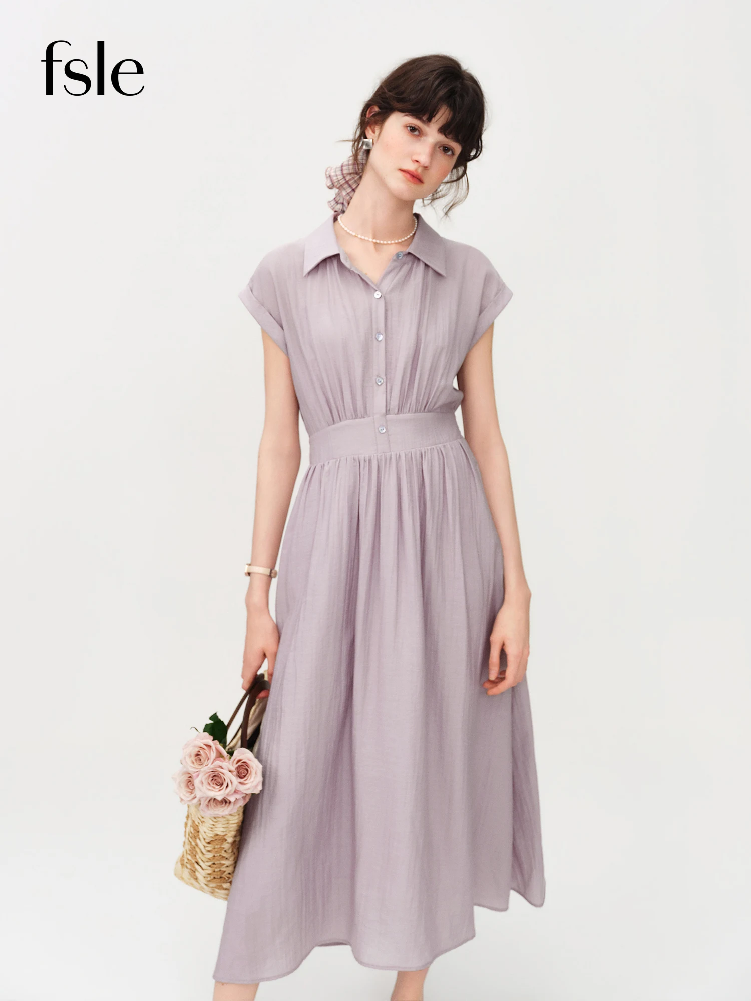 FSLE Sleeveless Turn-Up Collar Fitted Waist A-Line Lyon Fabric Dress Mid-Length Summer 2026 New Arrival Linen High-waisted Dress