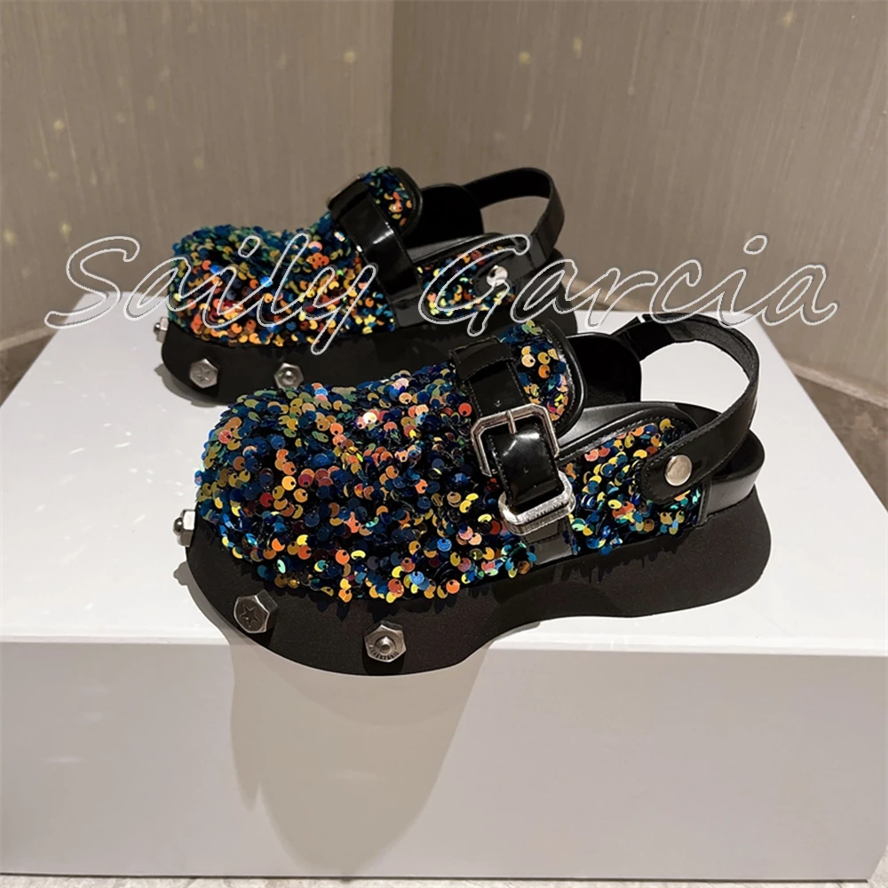 

Sequin Cloth Colorful Back Strap Chunky Heel Sandals 2024 Summer New Metal Rivet Casual Shoes Round Toe Platform All-Match Shoes