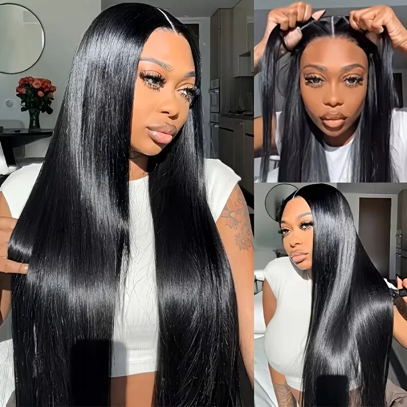 7x6 Glueless Wigs  Natural Color Straight Wigs Brazilian Human Hair Wig 200% Density Pre Cut No Glue Wear Friendly for Beginners