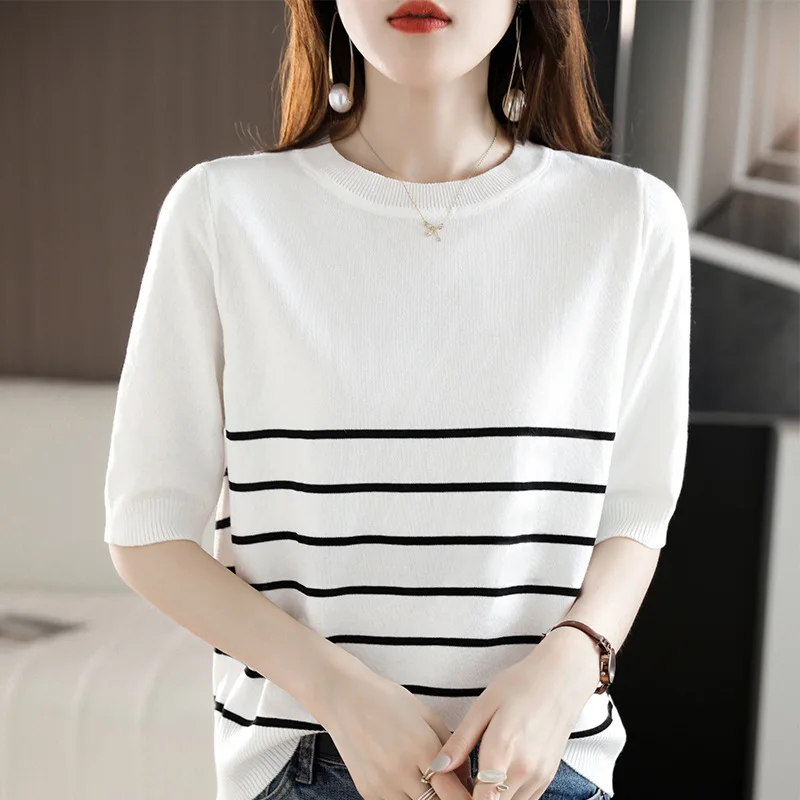 

Women Sweater Short Sleeve O-neck Bottoming Shirts Striped Spring Summer Knitted Tops Warm Autumn Pullovers Loose Korean Jumpers