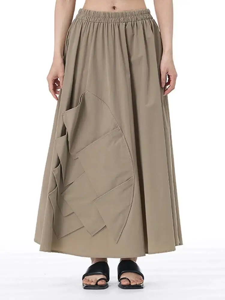 High Elastic Waist Khaki Patch Spliced Casual A-line Half-body Skirt Women Fashion Tide New Spring Autumn