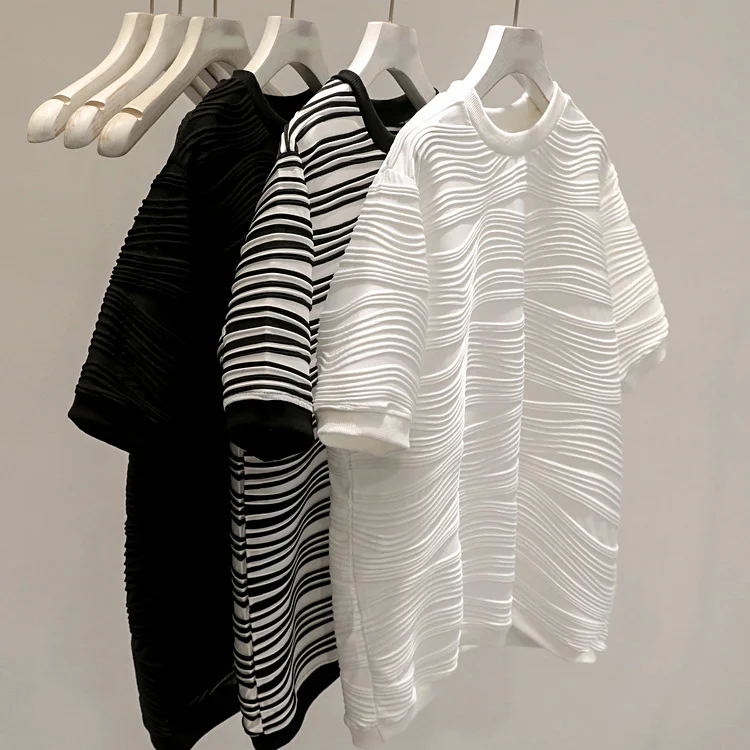 

Женская футболка с коротким рукавом и 3D-текстурой волны, свободного кроя, универсальная, летняя, с круглым вырезом, в повседневном стиле, из смесового полиэстера