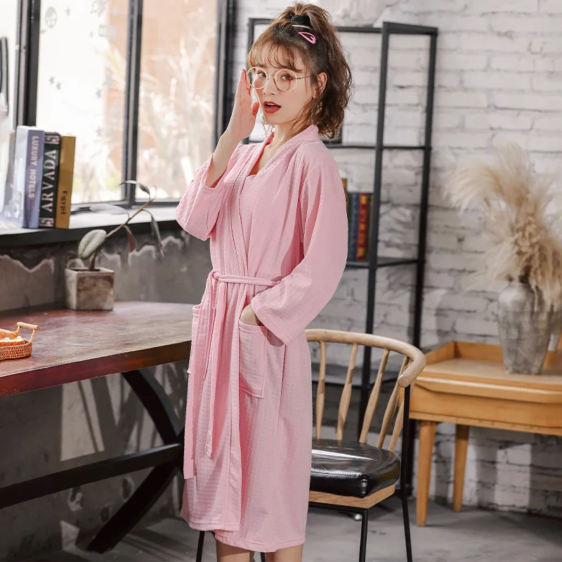Korean-Style Women's Spring/Summer Lightweight, Breathable Waffle-Weave Bathrobe; Couples' Pajamas; Hot Spring and Sauna Robe 2