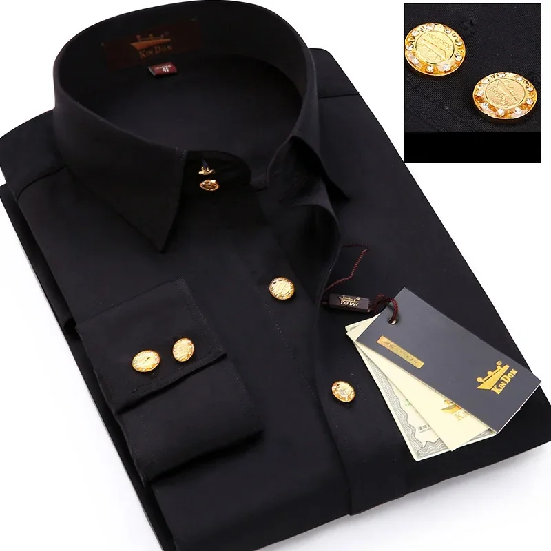 2023 Men's Diamond Button Long-sleeved Shirt Male Business Casual Slim Copper Button Dress Shirt Top Quality Groom Wedding Shirt